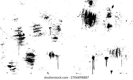 Black grunge texture overlay with paint splatter and brush stroke marks vector