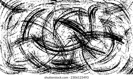 Black grunge texture. Vector background. Brush strokes, lines, dots, veins, ink, circular, monochrome.