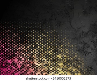 Schwarze Grunge Texturwand mit rosafarbenem, sechseckigen Muster abstrakter Hintergrund. Geometrisches technisches Retro-Vektorhintergrunddesign