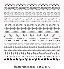 Black grunge textured abstract pattern tile borders set. Vector Illustration. Hand-drawn Doodle Style