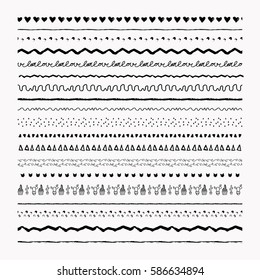 Black grunge textured abstract pattern tile borders set. Vector Illustration. Hand-drawn Doodle Style