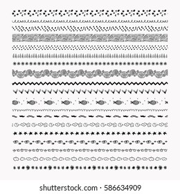 Black grunge textured abstract pattern tile borders set. Vector Illustration. Hand-drawn Doodle Style