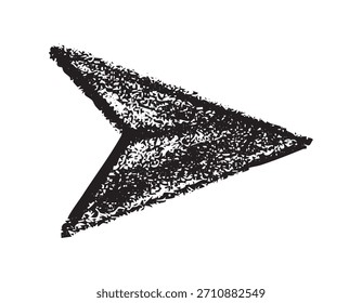 Black grunge textured cursor arrow vector. Distressed ink pointer or paper plane symbol for navigation, send icons, and urban design.
