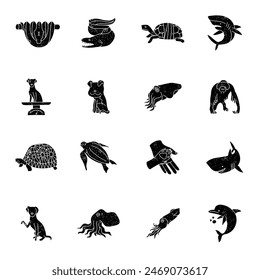 black grunge textured hand drawn animal icon set