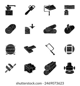 black grunge textured hand drawn woodworking icon set