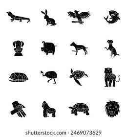black grunge textured hand drawn animal icon set