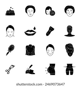 black grunge textured hand drawn women beauty treatment icon set