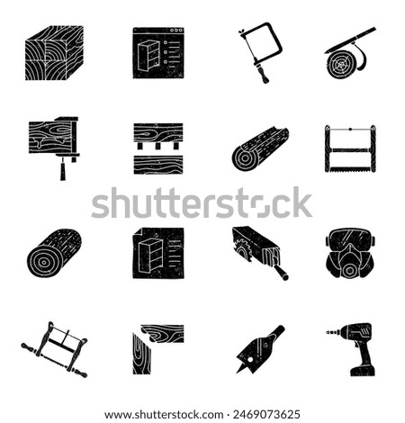 black grunge textured hand drawn woodworking icon set