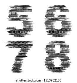 Black grunge tire track numbers set isolated on white background