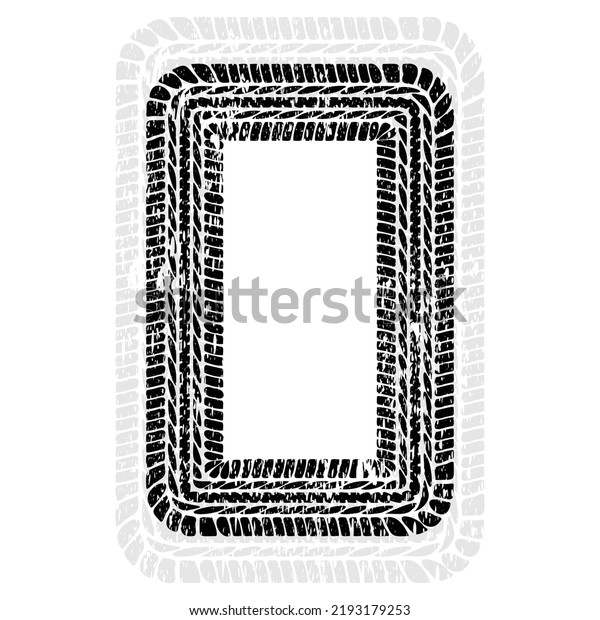 Black grunge tire track
pattern rectangle frame design. Custom made tyre mark line with
place for text