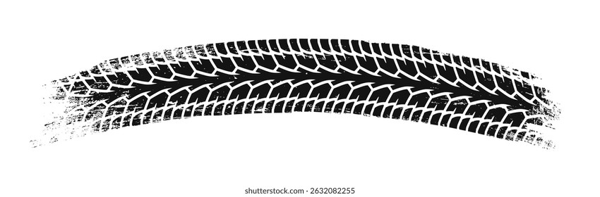 Textura negra de la pista del neumático del grunge en movimiento curvo, estilizada en estilo gráfico del grunge en un fondo blanco. Concepto de movimiento, velocidad y aventura fuera de la carretera. Ilustración vectorial