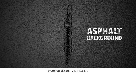 Black grunge tire tracks, wheel braking marks. Truck, car or motorcycle tread pattern silhouettes. Auto race, motorsport, speed racing design element. Asphalt texture. Vector illustration