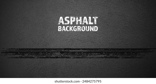 Black grunge tire tracks, wheel braking marks. Truck, car or motorcycle tread pattern silhouettes. Auto race, motorsport, speed racing design element. Asphalt texture. Vector illustration