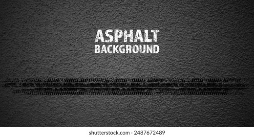 Black grunge tire tracks, wheel braking marks. Truck, car or motorcycle tread pattern silhouettes. Auto race, motorsport, speed racing design element. Asphalt texture. Vector illustration