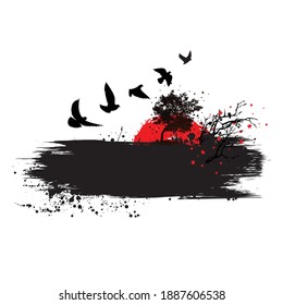 Black grunge tree and birds silhouette isolated on white background. Trash polka abstract background with grunge design elements