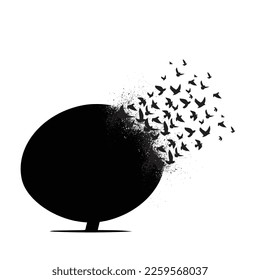 Black grunge tree and birds silhouette isolated on white background. Trash polka abstract background with grunge design elements