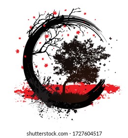 Black grunge tree and birds silhouettes isolated on white background. Trash polka black circle with ink blots, leaves and butterflies and red brush paint