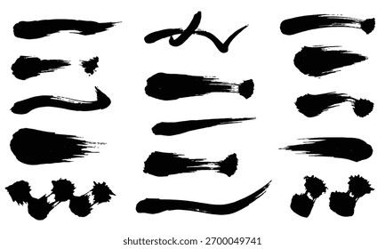 Pincelada de Vector grunge negro con manchas de pintura en seco y Anuncios texturizados, aislados en blanco para el Diseño gráfico moderno.