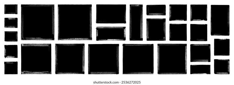 Schwarze farbige, rechteckige und quadratische Textrahmen. Handgezeichnete raue Textur Pinselstriche. Schwarze Farbmarken auf transparentem Hintergrund. Grungy Sketch BG. Schmutziges Graffiti-Banner. Tintenspritzer