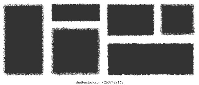 Black grunge vector text box frames in rectangular and square shapes. Sand texture strokes. Black paint stamps on a transparent background, featuring a grunge sketch effect. Vector graphic