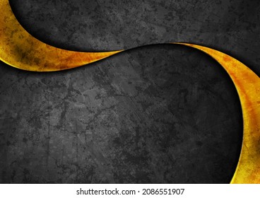 Black grunge wall background with golden glossy waves. Abstract tech vector design
