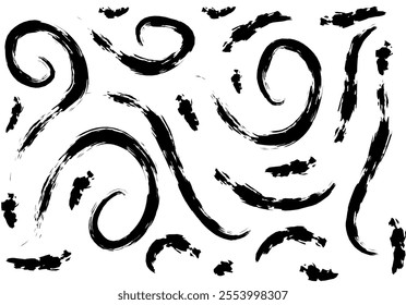 black grunge whirls abstract background. hand drawn brush art.