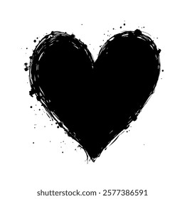 Black grunge-style heart with splashes and uneven edges on a white background, symbolizing love and emotions with artistic flair. Valentine's day illustration.