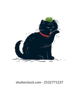 Black grungy punk stray cat licking his paw, wearing earrings and green mohawk haircut