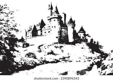 black grungy texture of castle on white background, vector illustration