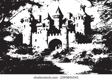 black grungy texture of castle on white background, vector illustration