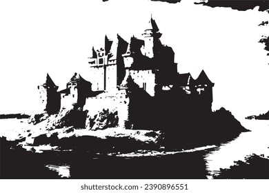 black grungy texture of castle on white background, vector illustration