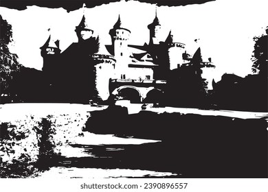 black grungy texture of castle on white background, vector illustration