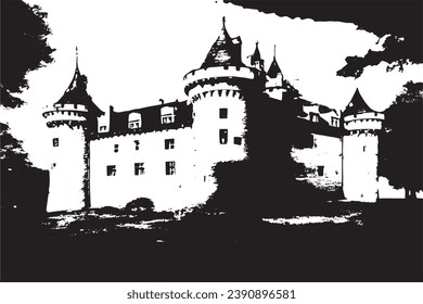 black grungy texture of castle on white background, vector illustration