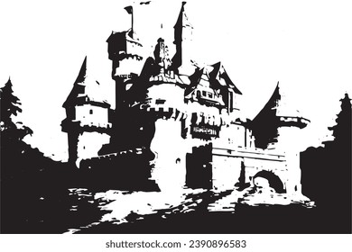 black grungy texture of castle on white background, vector illustration