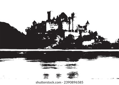 black grungy texture of castle on white background, vector illustration