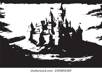 black grungy texture of castle on white background, vector illustration