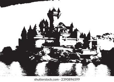 black grungy texture of castle on white background, vector illustration