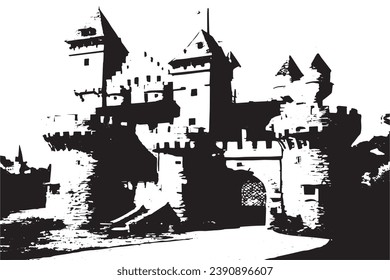 black grungy texture of castle on white background, vector illustration