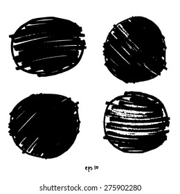 Black grungy vector collection of geometric hand-drawn circles isolated on white background, eps10. Set of graphic design elements