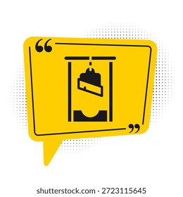 Icono de ejecución medieval de guillotina negra aislado sobre fondo blanco. Símbolo amarillo de la burbuja del discurso. Vector