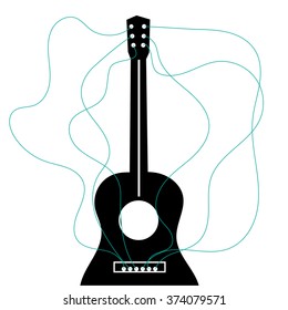 black guitar with colored flying strings on a white background