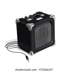 Black guitar combo amplifier with cord. Audio and sound device for rock music. Acoustics instrument for guitarists. Booster for musicians.  vector illustration, eps10 isolated white background