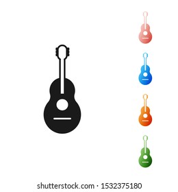 Black Guitar icon isolated on white background. Acoustic guitar. String musical instrument. Set icons colorful. Vector Illustration