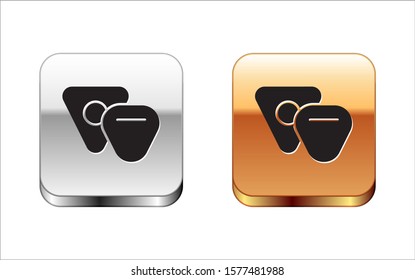 Black Guitar pick icon isolated on white background. Musical instrument. Silver-gold square button. Vector Illustration