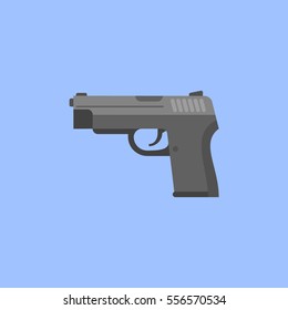 Black gun isolated on blue background. Automatic pistol flat style icon. Vector illustration.