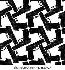 black gun seamless pattern for print design. Outline weapon illustration. Black outline gun seamless pattern in classic style. Black handgun pistol silhouette. Vector art. Vintage vector illustration
