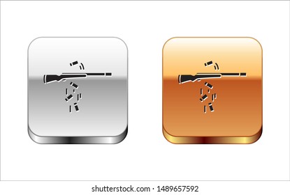 Black Gun shooting icon isolated on white background. Silver-gold square button. Vector Illustration