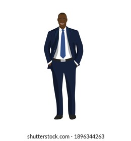 Black Guy Is A Businessman In A Business Suit. Vector Illustration Of A Successful Person In A Cartoon Style