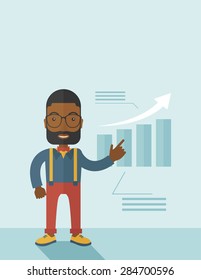 A black guy businessman viewing the company sales that grows. Business growth concept. A contemporary style with pastel palette soft blue tinted background. Vector flat design illustration. Vertical