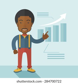 A black guy businessman viewing the company sales that grows. Business growth concept. A contemporary style with pastel palette soft blue tinted background. Vector flat design illustration. Square